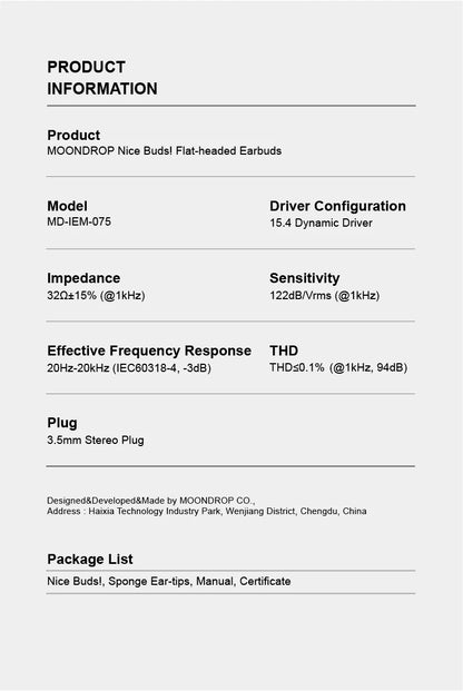 MOONDROP NICE BUDS Earphone 15.4mm Large Dynamic Driver Flat-headed Earbuds