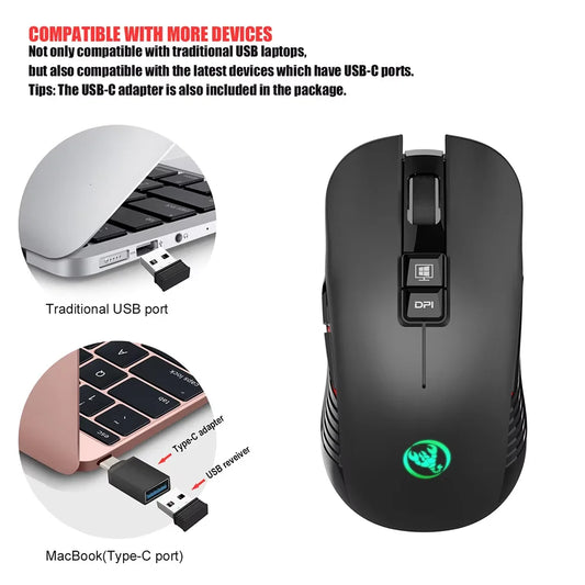 Rechargeable USB Wireless Mouse for Laptop & PC, Ergonomic Silent Click Wireless Gaming Mouse with RGB Backlight, Type-C Charging, 3600 DPI
