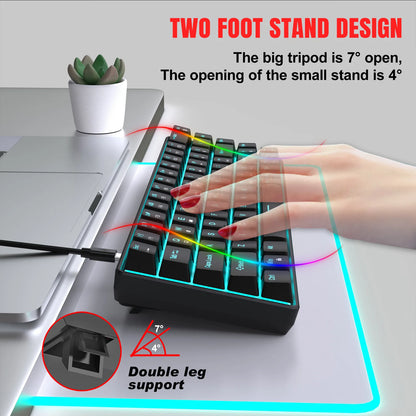 Teclado mecánico gaming 60% USB con teclas blancas, mini teclado gamer ergonómico para ordenador con retroiluminación y música