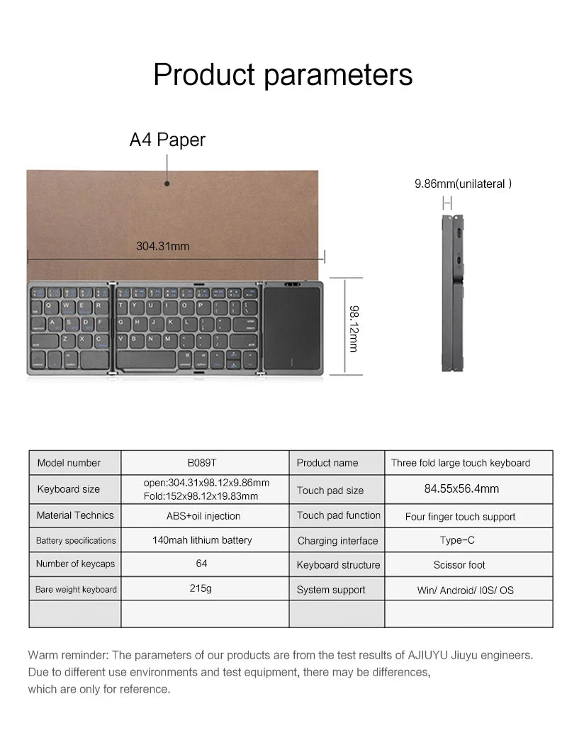 Mini Folding Wireless Bluetooth Keyboard Russian Spanish Arabic Hebrew Portuguese with Touchpad for Windows, Android, IOS