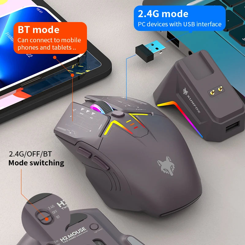 Ratón XUNSVFOX H2 inalámbrico Bluetooth de doble modo con iluminación RGB, para portátil, gaming y oficina, con carga magnética