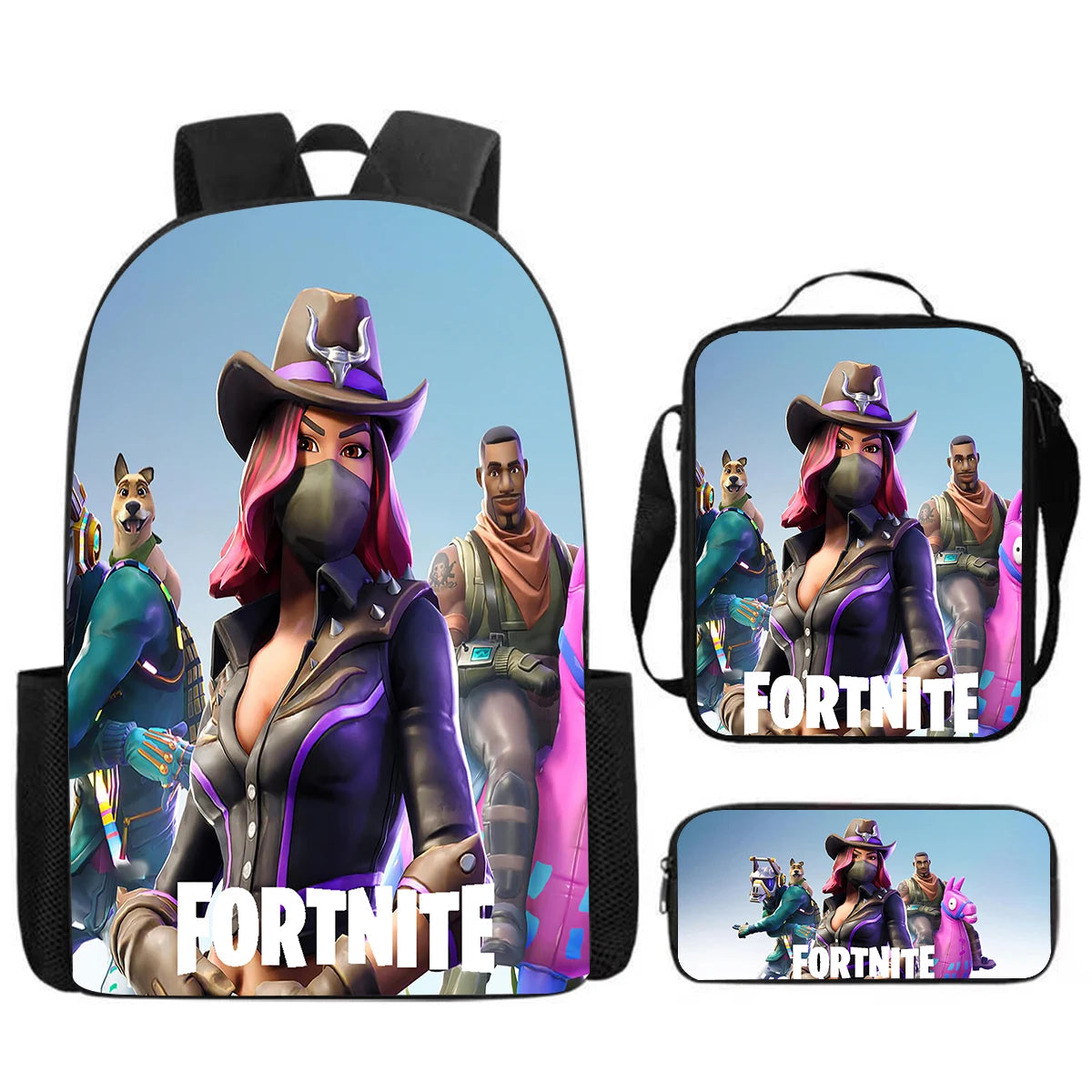 Fortnite Cartoon 3-teiliges Set, großes Fassungsvermögen, geeignet für Jungen und Mädchen von 5-8 Jahren, inklusive Rucksack, Lunchbag und Federmäppchen