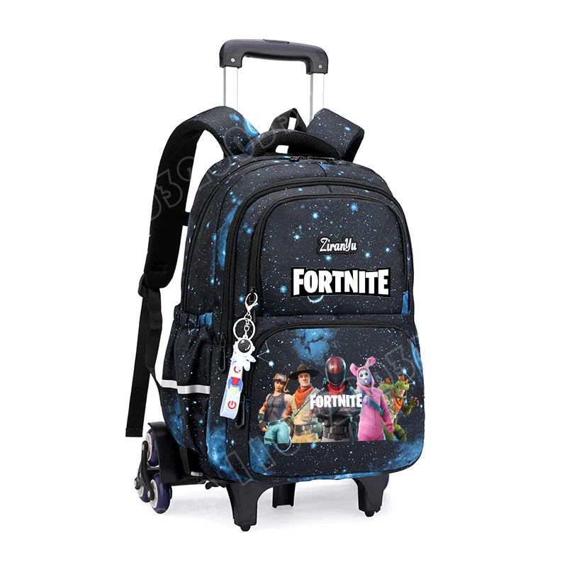 Fortnite-Trolleytasche – leichtes Treppensteigen, Anime-Design, wasserfester Rucksack mit Rollen, großes Fassungsvermögen, Schultasche für Schüler, lässige Reisetasche