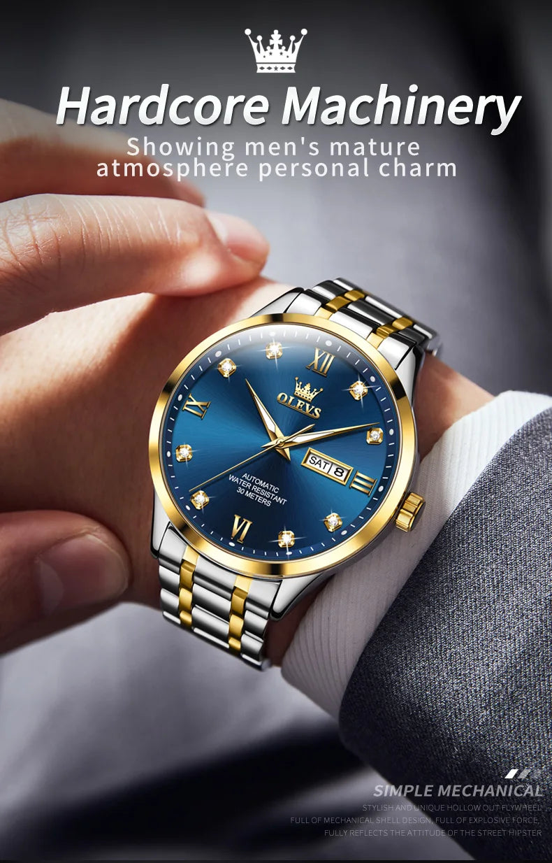 OLEVS 9946 Brand Original Man Watch Dual Calendar Diamond Scale Luxury Automatic Mechanical Watch for Men Business Wristwatches