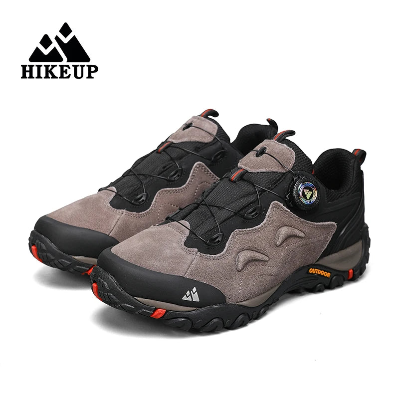 HIKEUP Leather Men's Outdoor Hiking Shoes Tourist Trekking Sneakers Mountain Climbing Trail Jogging Shoes with Turnbuckle