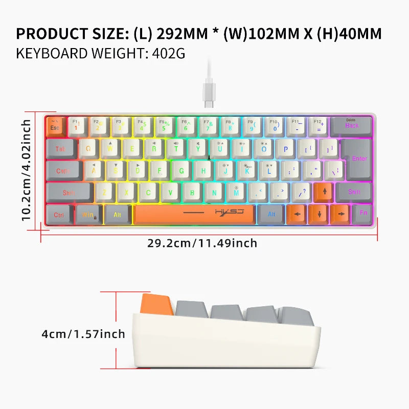 Keyboard RGB USB wired 63 keys gaming gamer compact  mini pc keyboards for trips,office,games business key board (Grey&Orange)