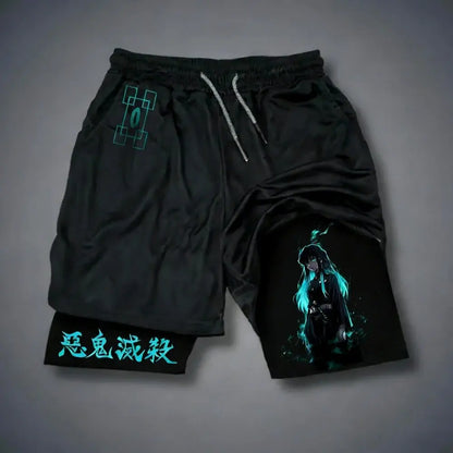 Pantaloncini da palestra da uomo Anime Demon Slayer ad asciugatura rapida, pantaloncini doppio strato 2 in 1, sportswear Y2K estate 2026, streetwear traspirante