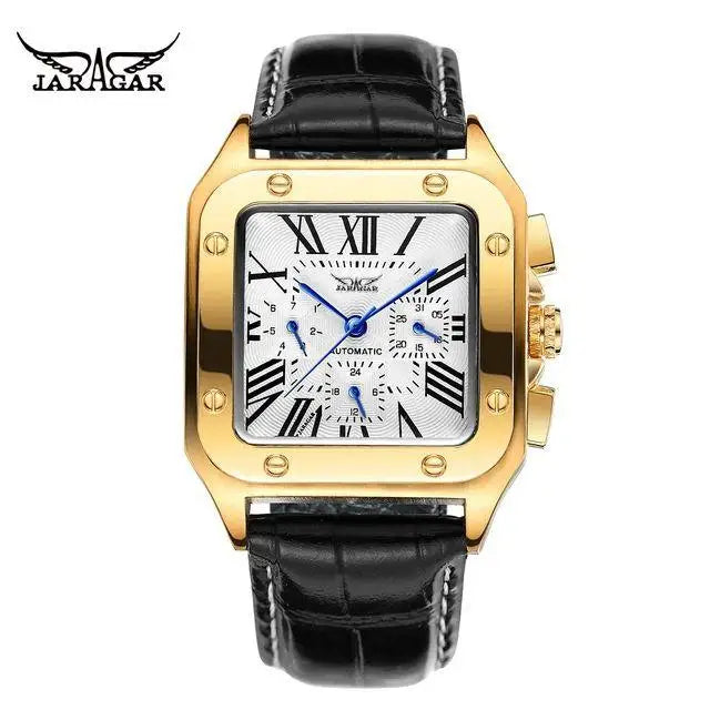 Fashion Jaragar Top Brand Men's Stylish Casual Skeleton Automatic Watch Multifunction Genuine Leather Strap Square Dial Business