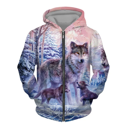 3D Wolf Print Men's Zipper Hoodies Fashion Animal Pattern Top Coat Street Punk Style Oversized Sweatshirts Outdoor Leisure Jackets