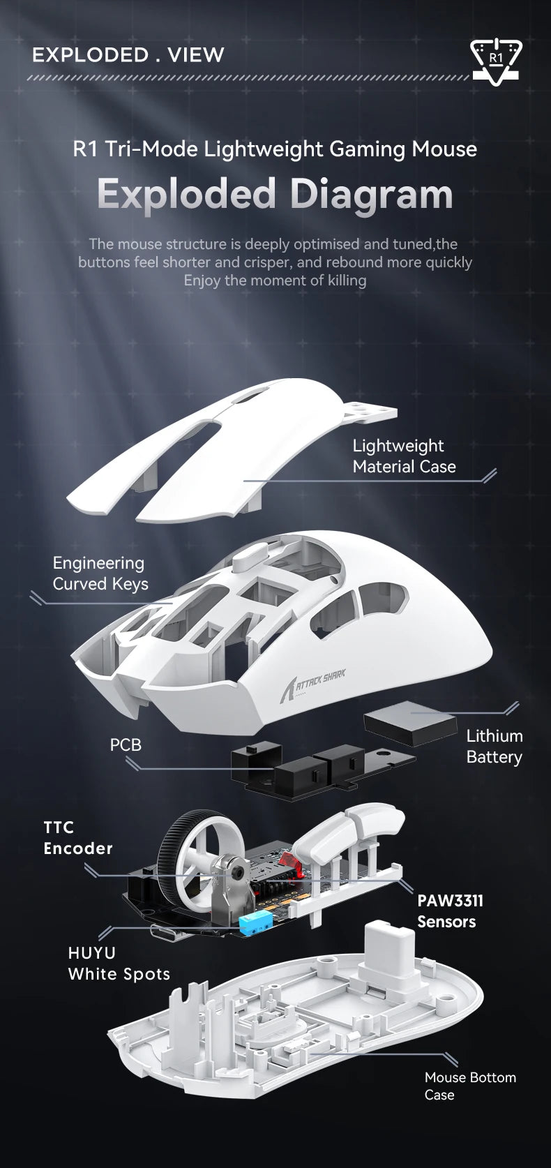 Attack Shark R1 belaidė Bluetooth žaidimų pelė, influencerių įvertinta populiari pelė, PAW3311 jutiklis, 1000Hz atsako dažnis