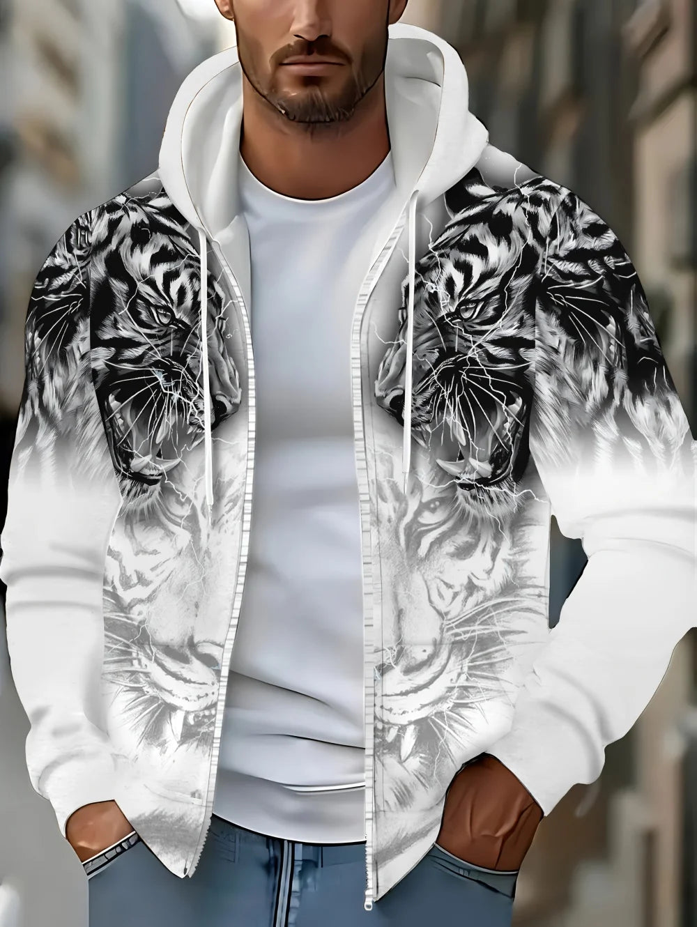 2025 Men's Long Sleeve Zip-up Tiger Graphic Hoodie Casual Outdoor Fashion Coat with Drawstring and Pockets Zip-up Hoodie for Men