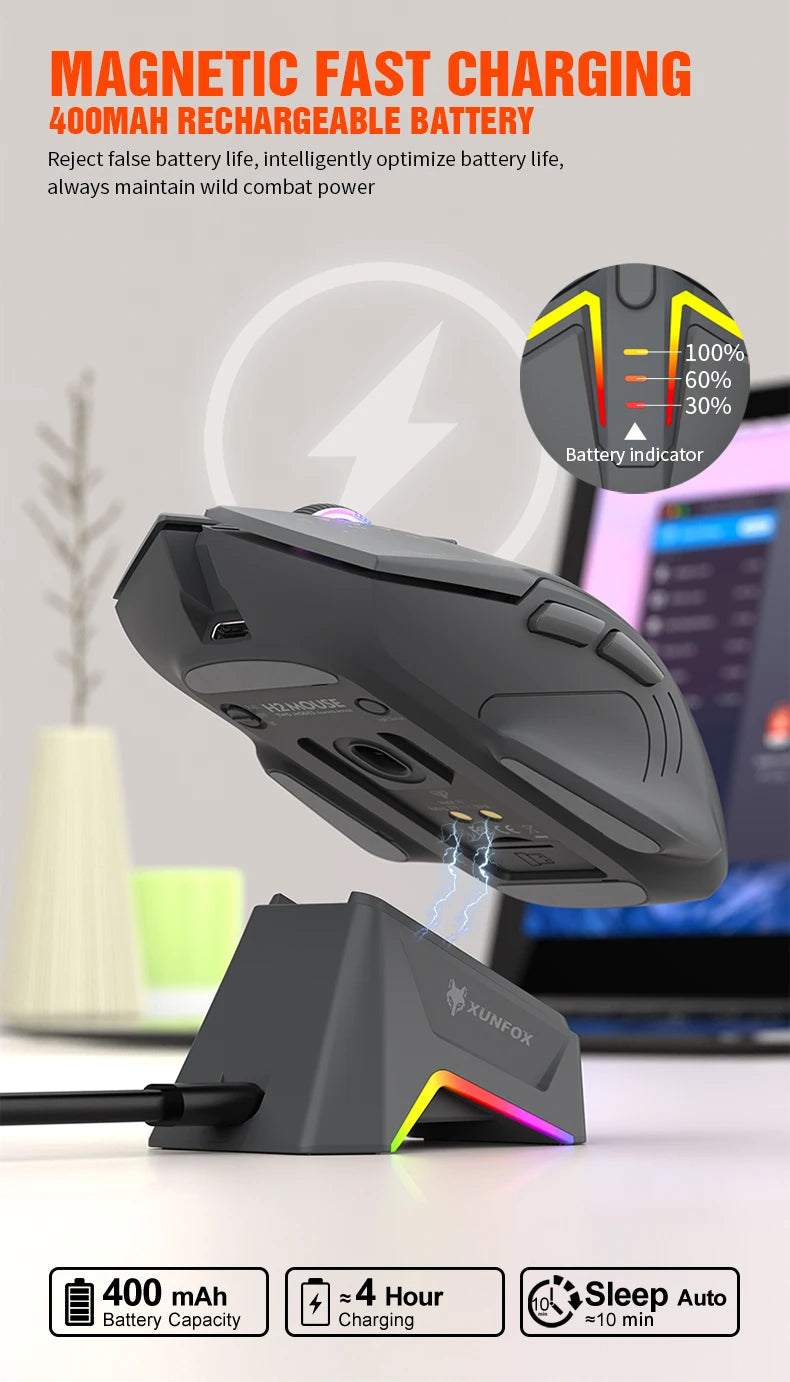 Ratón XUNSVFOX H2 inalámbrico Bluetooth de doble modo con iluminación RGB, para portátil, gaming y oficina, con carga magnética