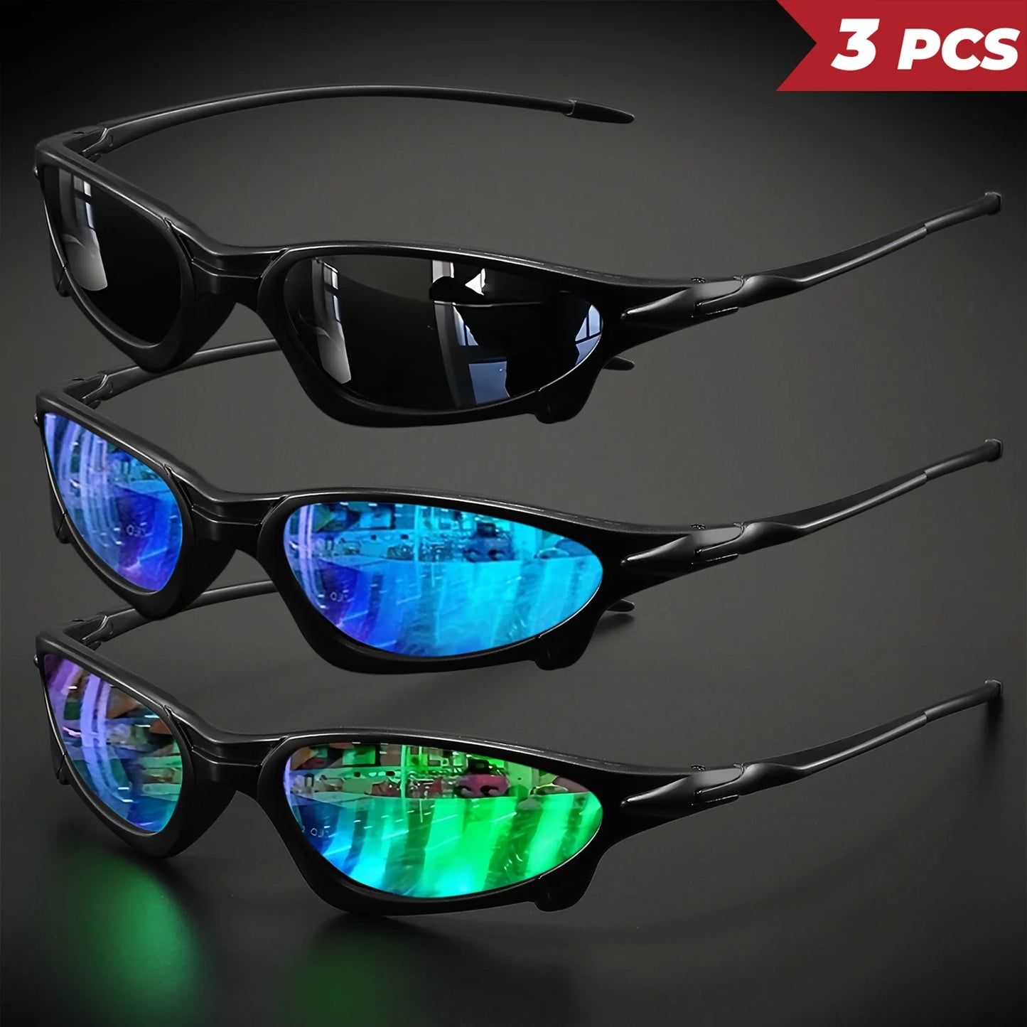 3PCS Futuristic Small Frame Colorful Sports Sunglasses - Wraparound Fit, UV400 for Cycling, Fishing & Travel