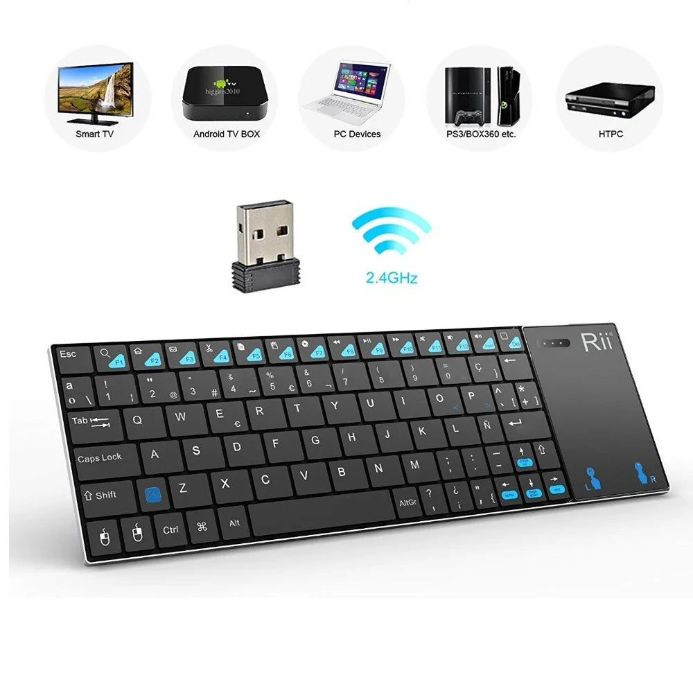 Teclado inalámbrico ruso, español, inglés y francés Rii K12+/i12+ Mini Keyboard con panel táctil para Android, laptop, PC y TV Box