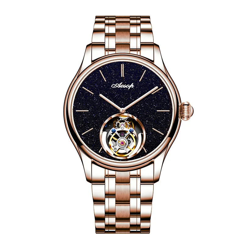 AESOP Mens Mechanical Wristwatches Flying Tourbillon Movement Skeleton Watch for Men Man Luxury Clocks Real Tourbillon Watch
