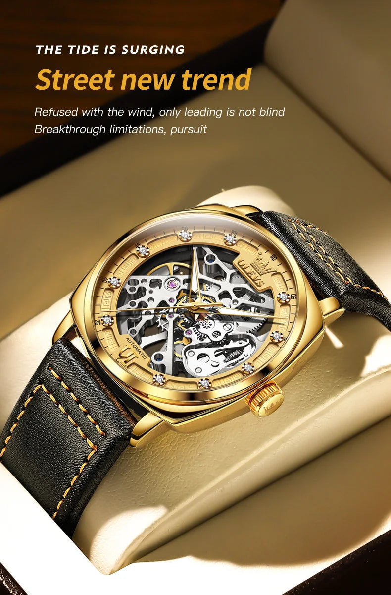 OLEVS 6651 Men's Watch Classic Automatic Mechanical Watch For Men Hollow Skeleton Clock Luxury Leather Waterproof Wrist Watches