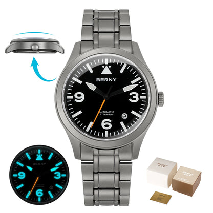 BERNY Aviation Top Titanium Mechanical Men Watch Sapphire AR Coating Supper Luminous 10Bar Sport Watch Titanium Aviation Watches