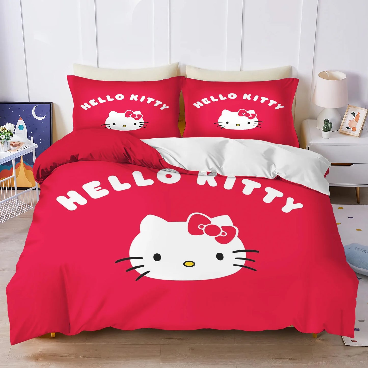 Hello Kitty Bettbezug-Set, 3D-Kinderbettwäsche, 3-teilig, 1 Bettdeckenbezug, King Size