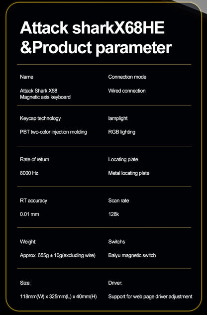 X68HE ATTACK SHARK X68PRO Magnetic Gaming Keyboard Mechanical Wired 0.01mm Rapid Trigg 8000Hz SOCD/Rs 0.125ms 128K Rate