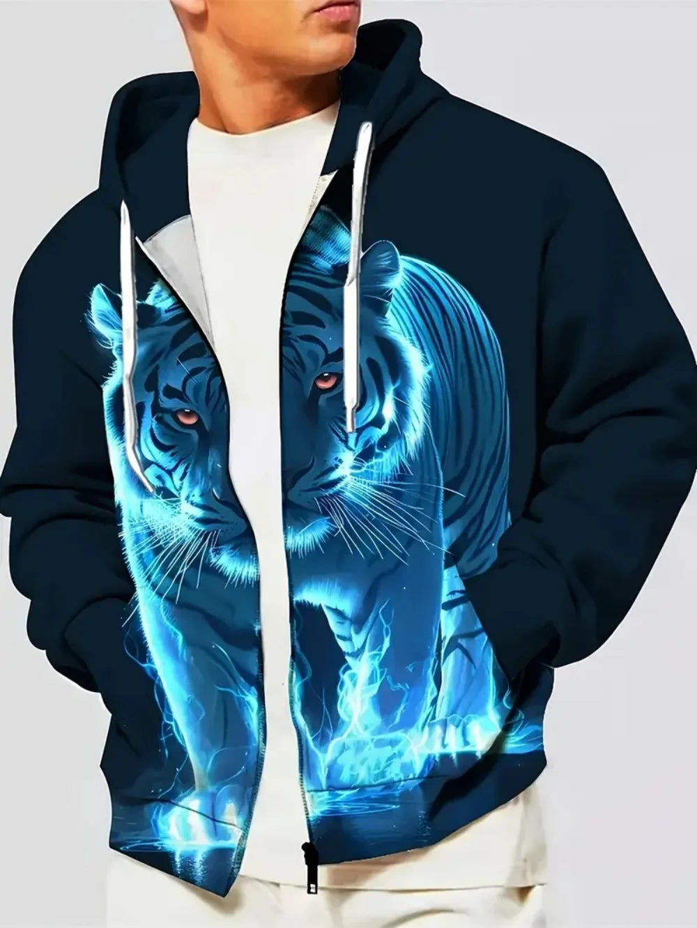 2025 Men's Long Sleeve Zip-up Tiger Graphic Hoodie Casual Outdoor Fashion Coat with Drawstring and Pockets Zip-up Hoodie for Men