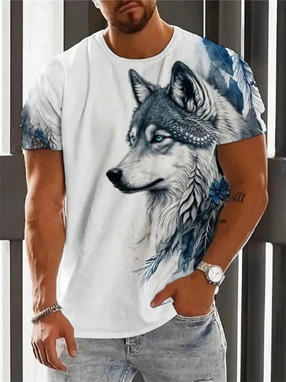 Fashionable Summer Men's Dominant Wolf Print Pattern Breathable Round Neck T-shirt Outdoor High Street Casual Top