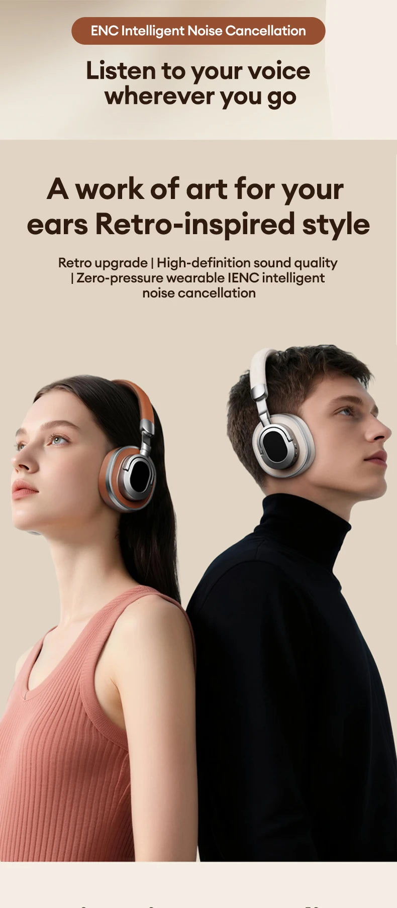 Lenovo LE602 Bluetooth 6.0 Over-Ear Headsets HiFi Stereo Sound Fashionable Music Earphones ENC HD Call Wireless Wired Headphones