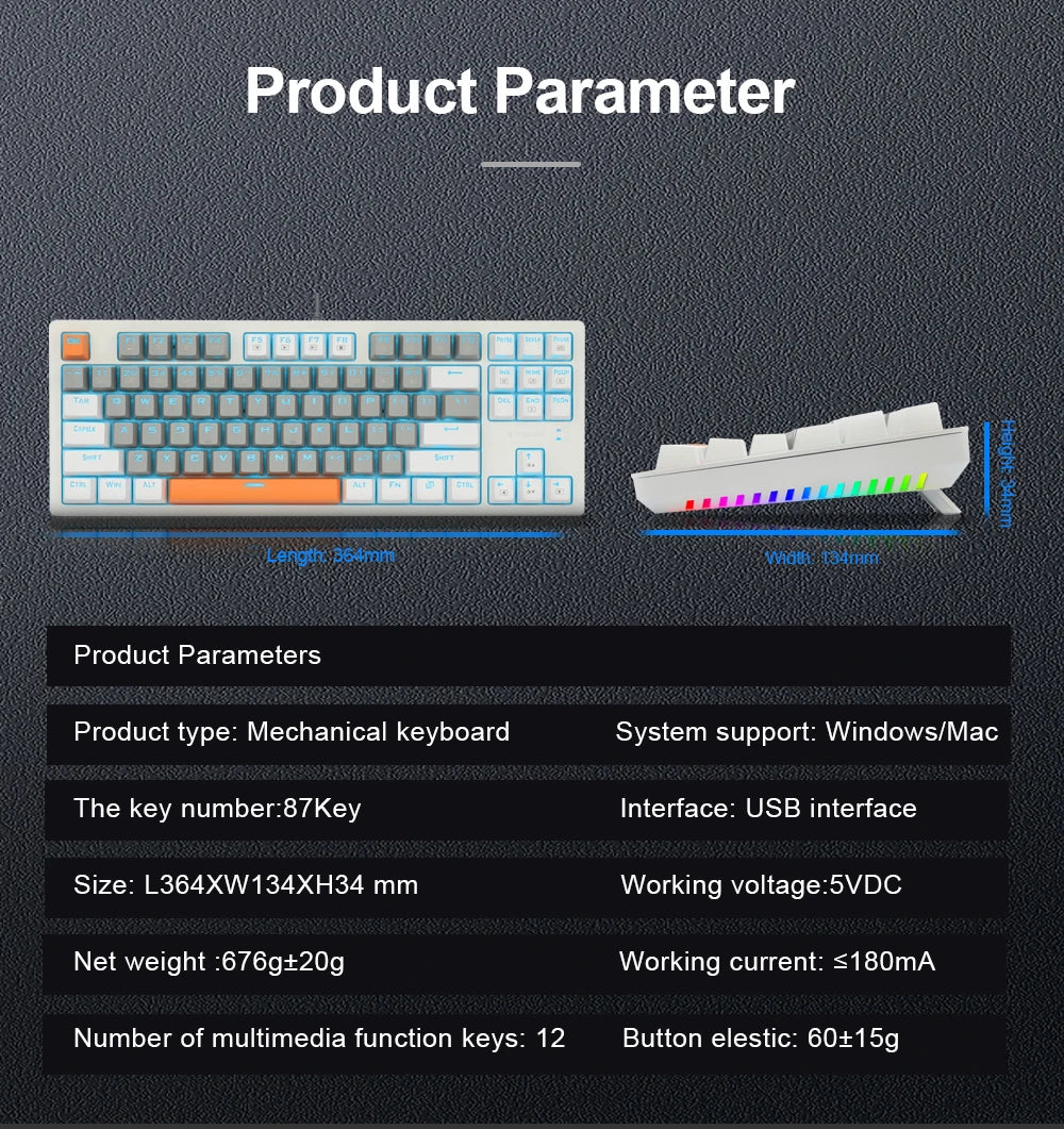 E-YOOSO K620 USB Mechanical Gaming Keyboard Wired Blue Red Switch Monochrome LED Backlit 87 Key for Computer Laptop PC