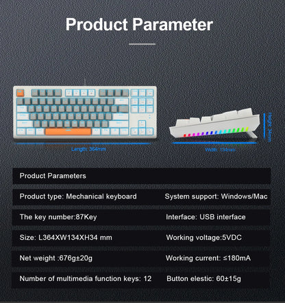 E-YOOSO K620 USB Mechanical Gaming Keyboard Wired Blue Red Switch Monochrome LED Backlit 87 Key for Computer Laptop PC