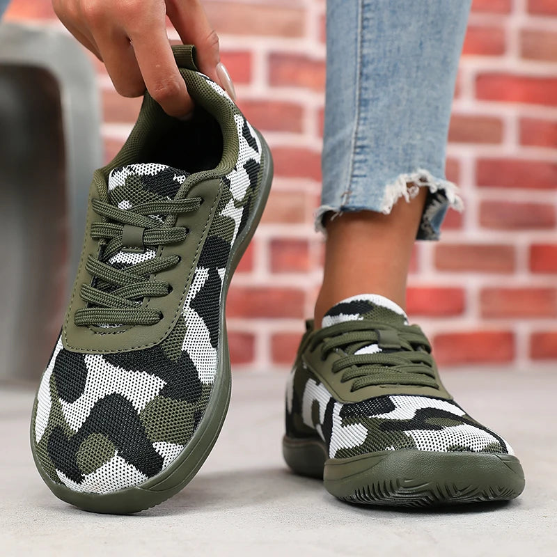 Camouflage-Damenschuhe mit breiter Zehenbox, atmungsaktivem Mesh und bequemer flacher Sohle – neue Barfußschuhe mit weicher Sohle, Damen-Sneaker