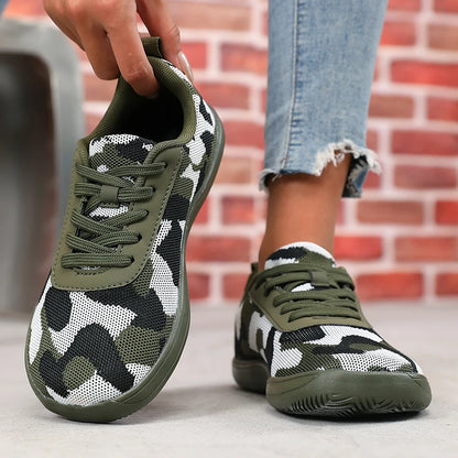 Camouflage-Damenschuhe mit breiter Zehenbox, atmungsaktivem Mesh und bequemer flacher Sohle – neue Barfußschuhe mit weicher Sohle, Damen-Sneaker