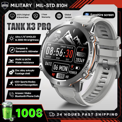 2026 New Military TANK X3 Smartwatch für Herren, 1000mAh Akku, 10ATM wasserdicht zum Schwimmen, GPS-Route, 1.75" AMOLED HD, Anrufe, Sport-Smartwatch