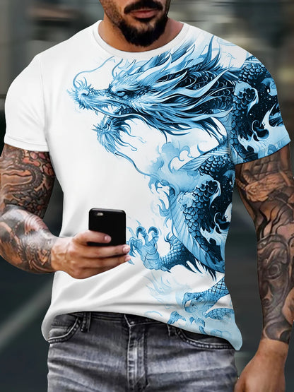 T-shirt da uomo con stampa drago, tessuto casual traspirante, maglietta grafica street style, moda outdoor, camicia a maniche corte da uomo