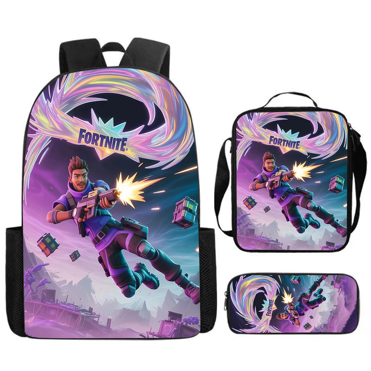 Fortnite Cartoon 3-teiliges Set, großes Fassungsvermögen, geeignet für Jungen und Mädchen von 5-8 Jahren, inklusive Rucksack, Lunchbag und Federmäppchen