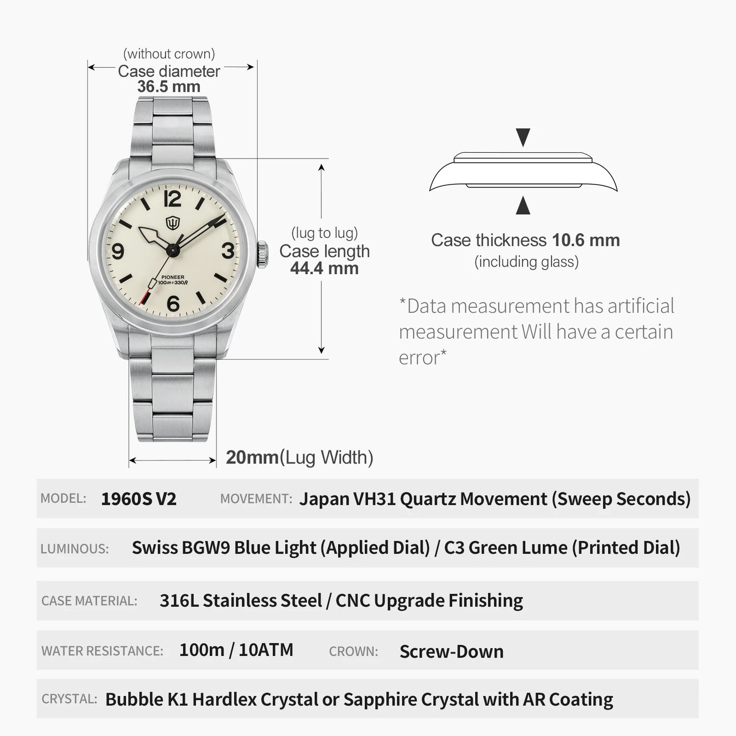 Watchdives WD1960S V2 Watch VH31 Sweep Second Movement Stainless Steel Sapphire Crystal Business Wristwatch Vintage Watches