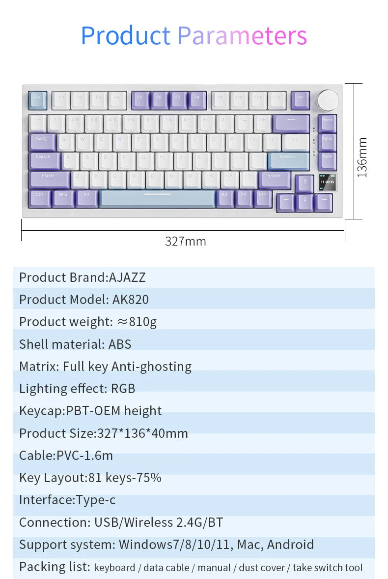 Teclado Gaming Mecânico AJAZZ AK820 Pro com Fio e Sem Fio, Tri-Mode, Retroiluminação RGB, Switches Hot-Swappable, Layout Compacto 70%, PC/Mac