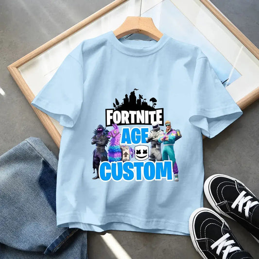 Fortnites Kinder-T-Shirt aus blauer Baumwolle, Fortress Night, Baby-Kurzarmshirt, Cartoon-Shirt für Jungen und Mädchen, Sommerkleidung, Kawaii-Top, Geschenk