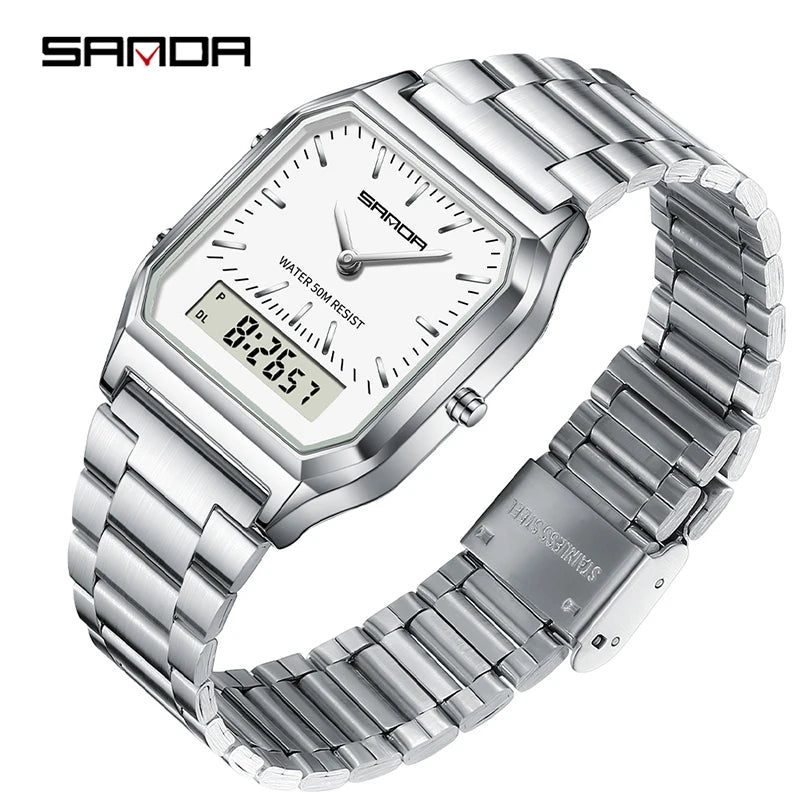 SANDA 747 Luxury Mens G Style Watches Stainless Steel Women LED Digital Dual Display Clock Unisex Waterproof Sports Quartz Watch