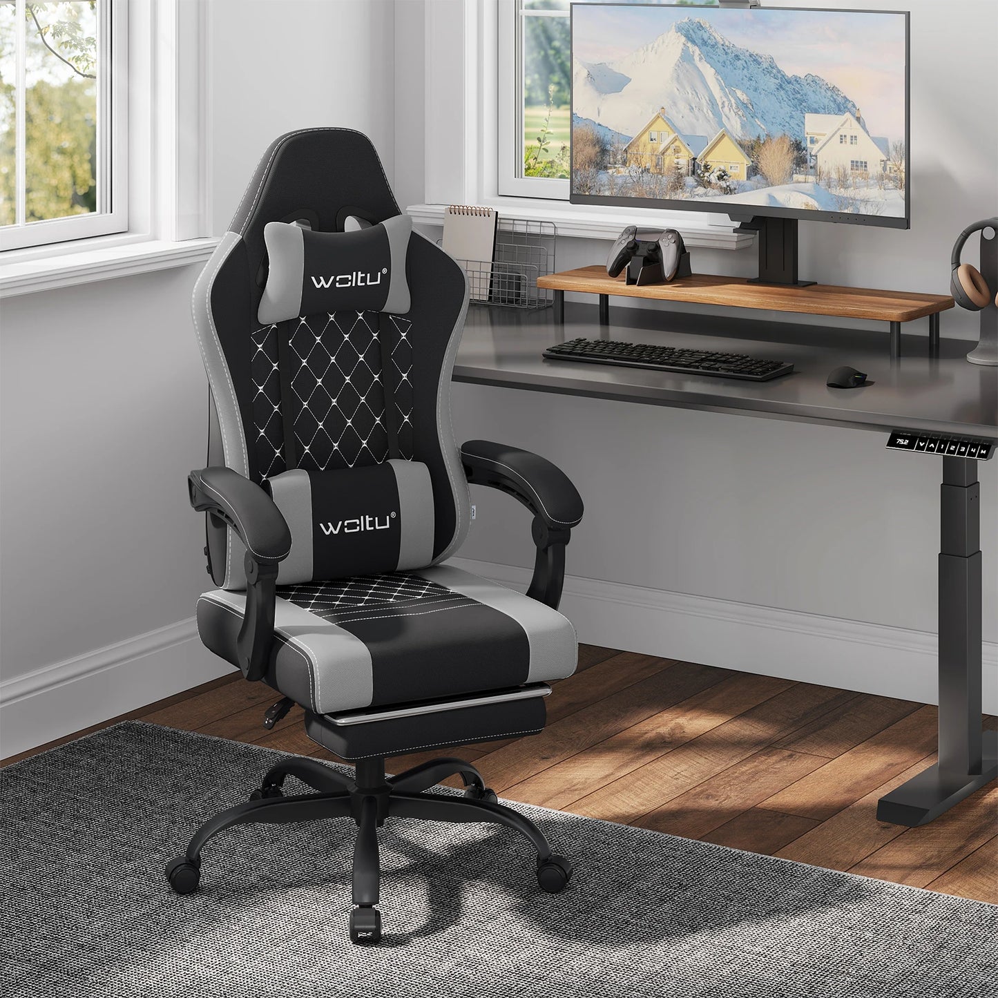 WOLTU Massage Gaming Chair Ergonomic Swivel Computer Chair with Pillow & Footrest Adjustable Headrest Lumbar Support Gamer Chair