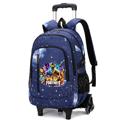 Mochila trolley 2 en 1 Fortnite con estampado de cielo estrellado, gran capacidad, impermeable, compartimento para portátil, diseño para subir escaleras, mochila escolar para estudiantes