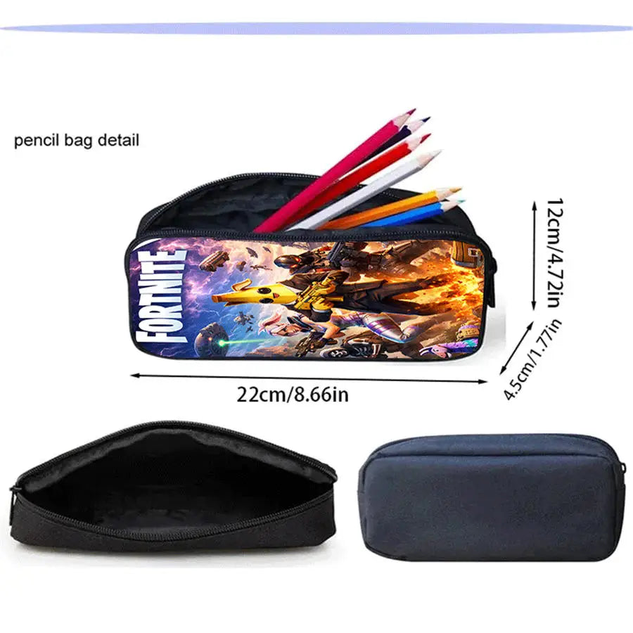 3-teiliges Kinder-Rucksack-Set, Umhängetasche & Federmäppchen, FORTNITE-Cartoon-Tasche, leicht, für Jungen und Mädchen von 6-10, kostenloser 3D-gedruckter Schlüsselanhänger