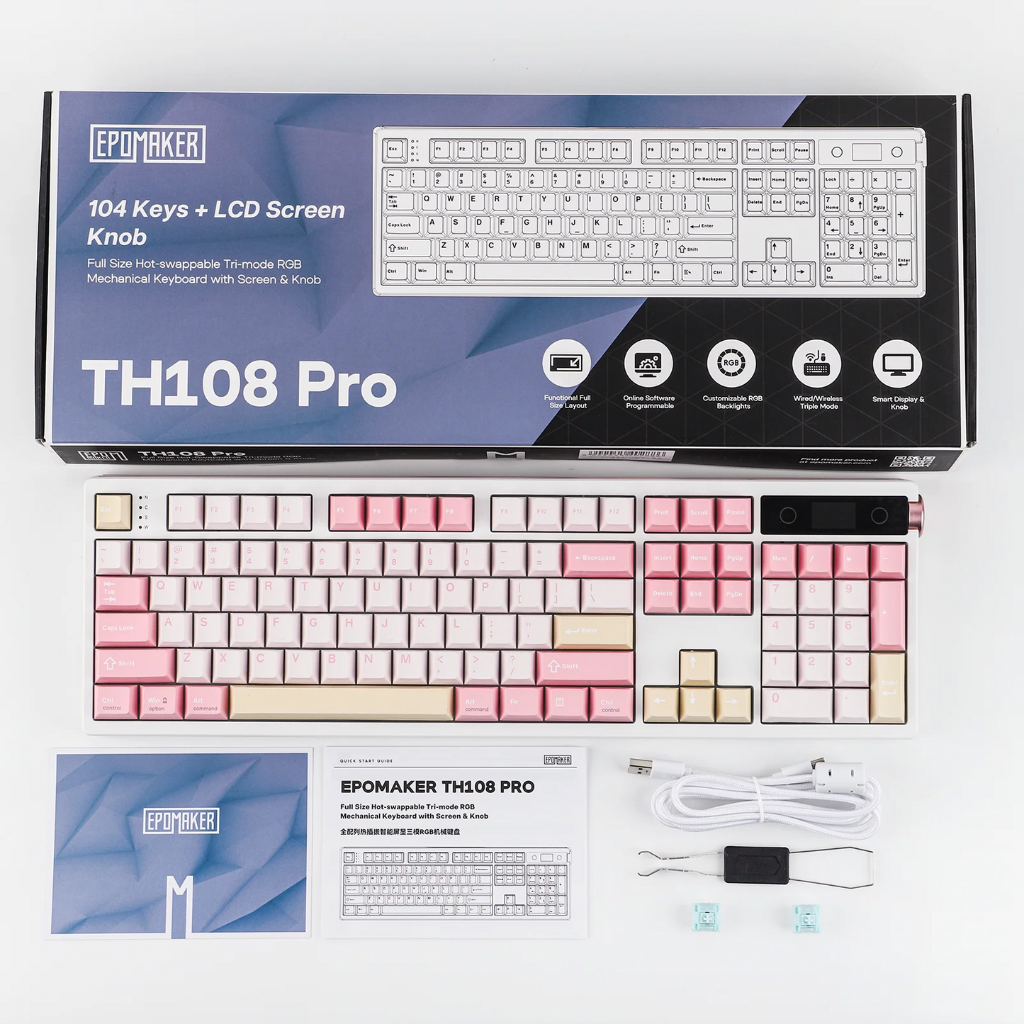 Teclado mecánico EPOMAKER TH108 PRO 100% de tamaño completo, hot-swap, con cable/BT/inalámbrico 2.4Ghz, pantalla y perilla, batería de 10000mAh
