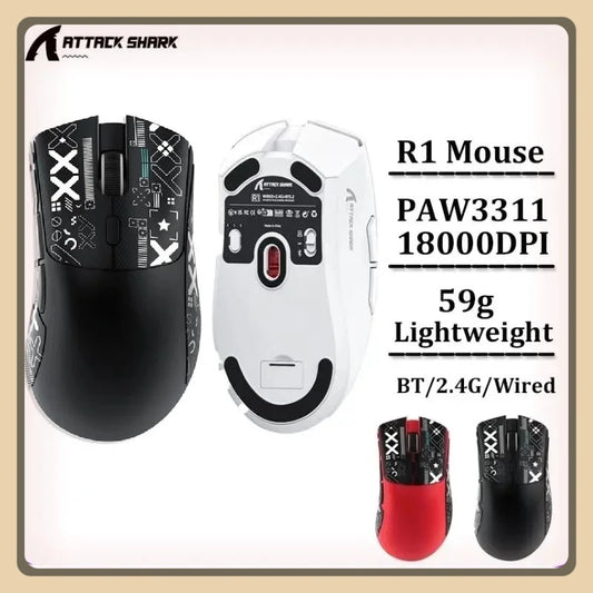 Mouse gaming wireless Bluetooth Attack Shark R1 2.4G USB, 18K DPI, PAW3311, connettività tri-mode, ultraleggero 59g, per PC, laptop e Mac