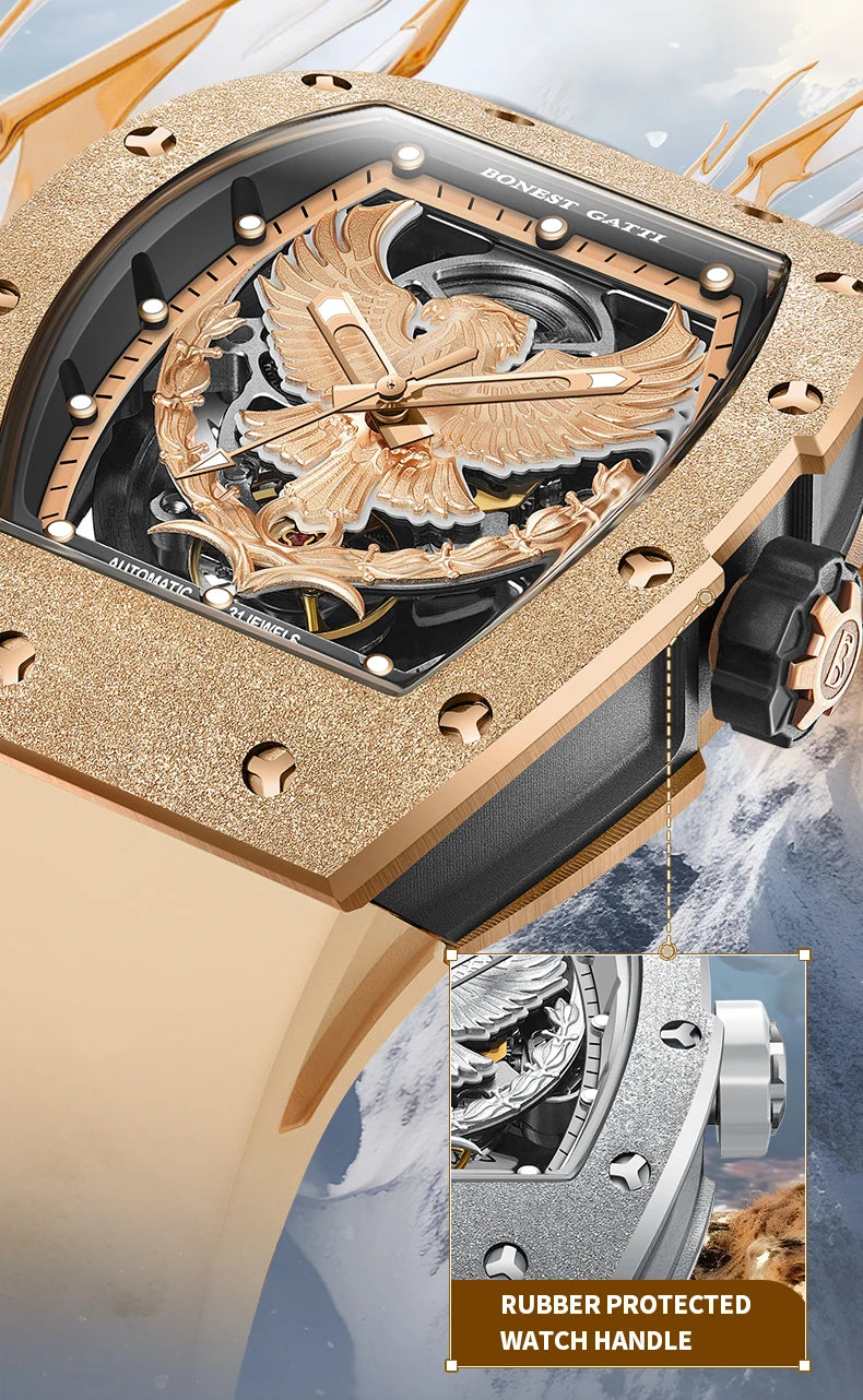 BONEST GATTI Luxury Men's Hollow Automatic Mechanical Watches Tonneau Sapphire Crystal Luminous Hollow Eagle Dial Rubber Straps