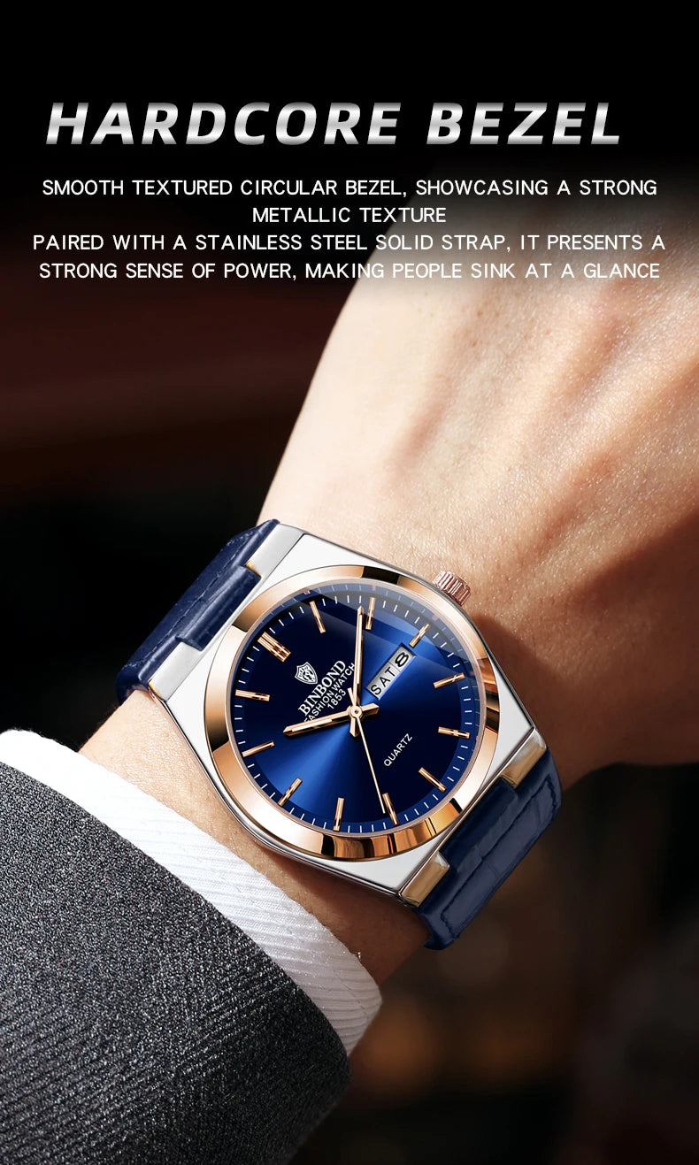 BINBOND Luxury leather strap quartz wristwatches precise luminous waterproof auto date week display durable men's watch reloj