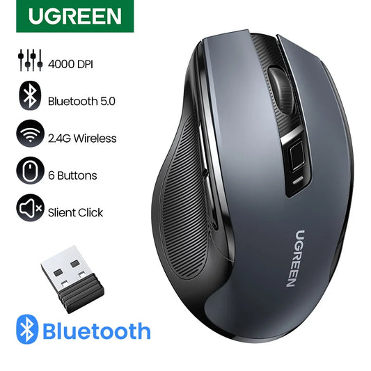 Bezdrátová myš UGREEN Bluetooth 5.0, ergonomická myš 4000 DPI se 6 tichými tlačítky pro MacBook, tablet, notebook, počítač PC, 2.4G myši