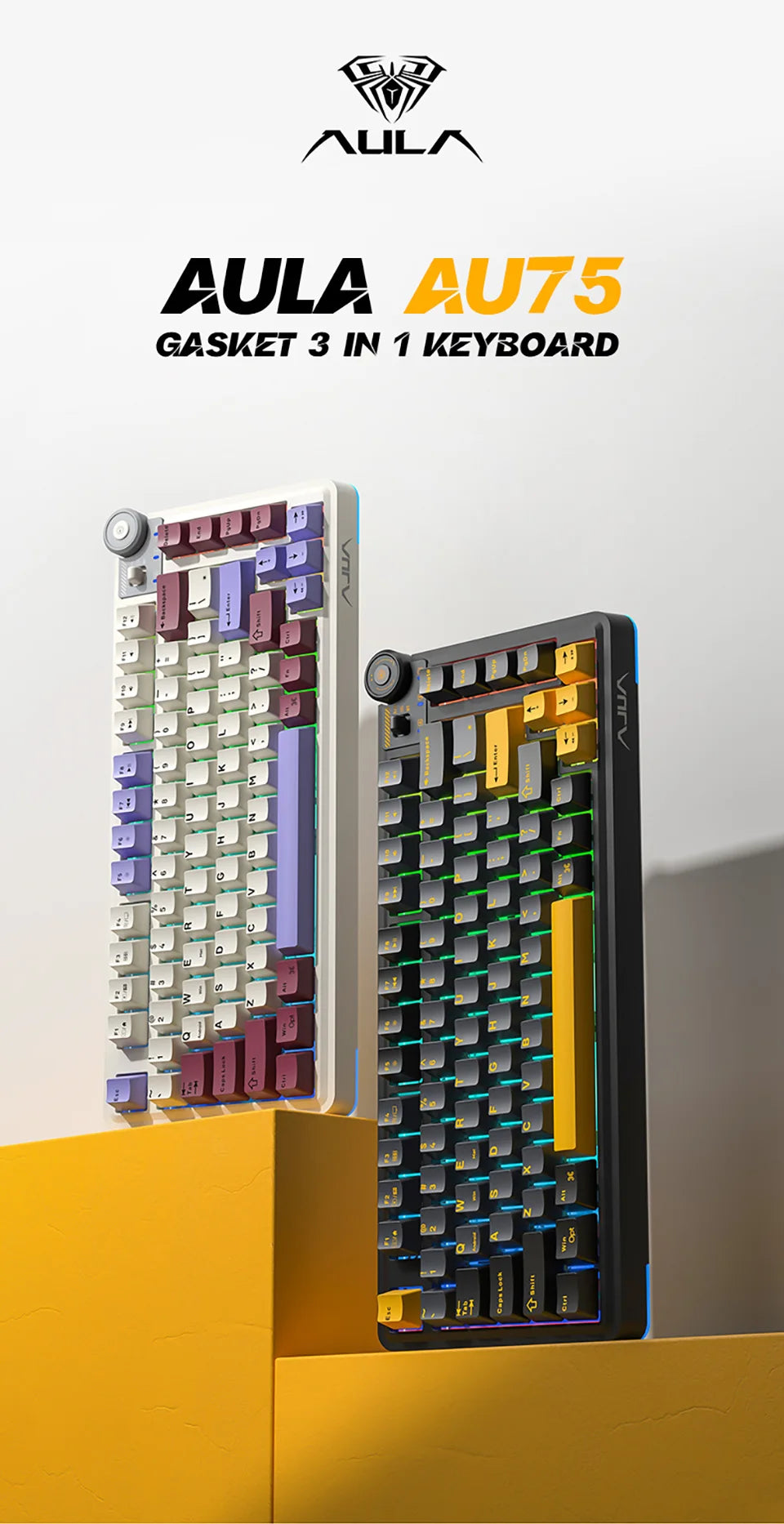 AULA AU75 E-Sports-Gaming-Mechanische Tastatur, Drei Modi, 81 Tasten, PBT-Tastenkappen, Hot-Swap-fähig, RGB, kabellose Tastatur für PC-Desktop und Tippen