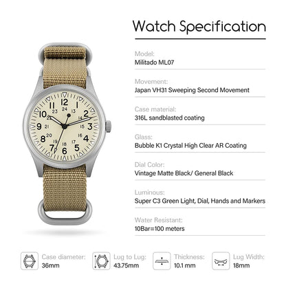 Militado ML07 Military Watch VH31 Quartz Movement Sapphire Crystal Luminous AR Coating Vintage Watches 100m Waterproof