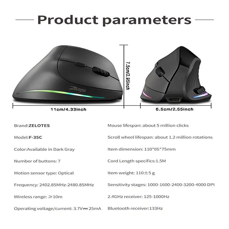 Rechargeable Wireless Vertical Mouse With Screen Display  Ergonomic Mice 6 Button Progammable Gaming Mouse for Gamer Desktop