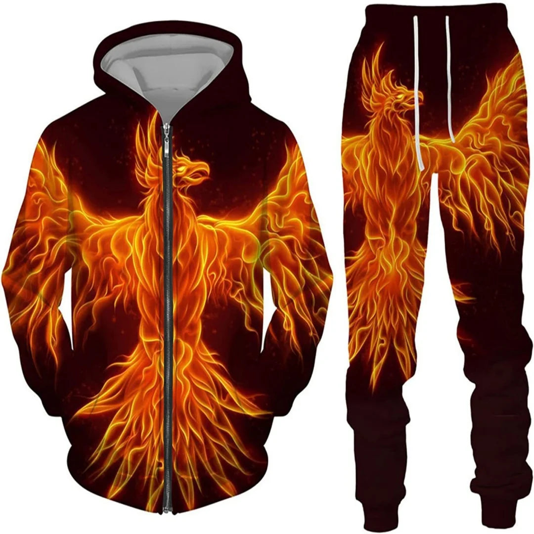New 3D printed long sleeved hooded sweatshirt set for spring and autumn men's sportswear zipper sweatshirt