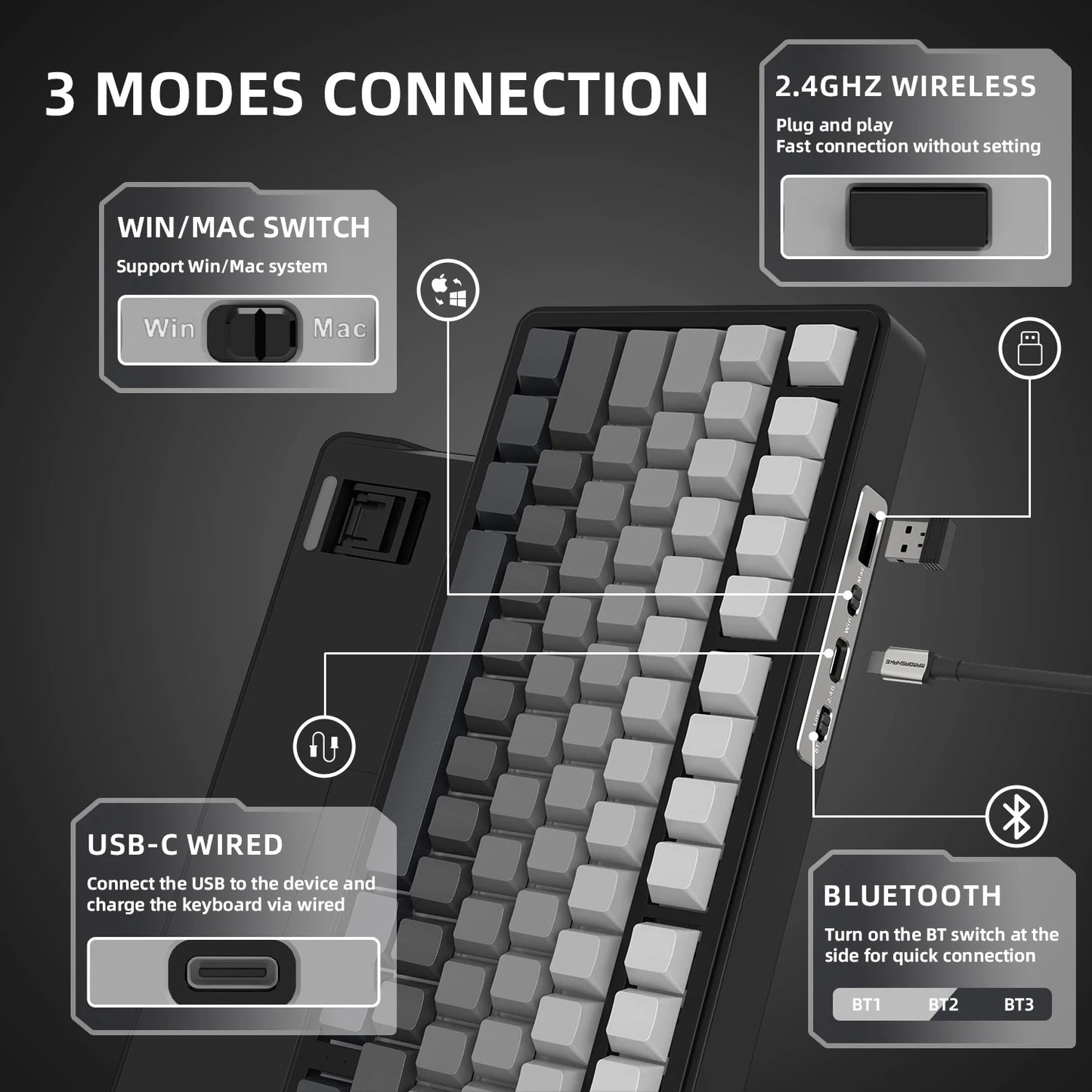 Teclado mecânico ATTACK SHARK X85 Tri-mode Gasket 75% com botão CNC, acolchoamento de 5 camadas, hot-swappable, retroiluminação RGB, NKRO